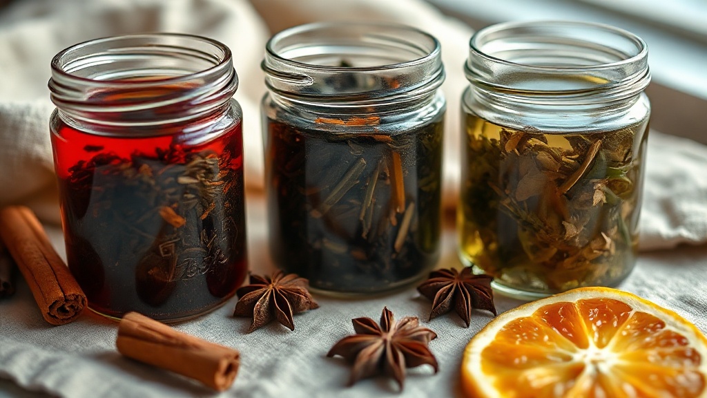 Trois bocaux de base de thé - noir, rooibos et thé vert - entourés d'épices de Noël
