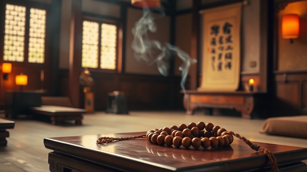 Salle de méditation Chan dans un monastère du Liaoning, chapelet en bois et encens sur une table laquée