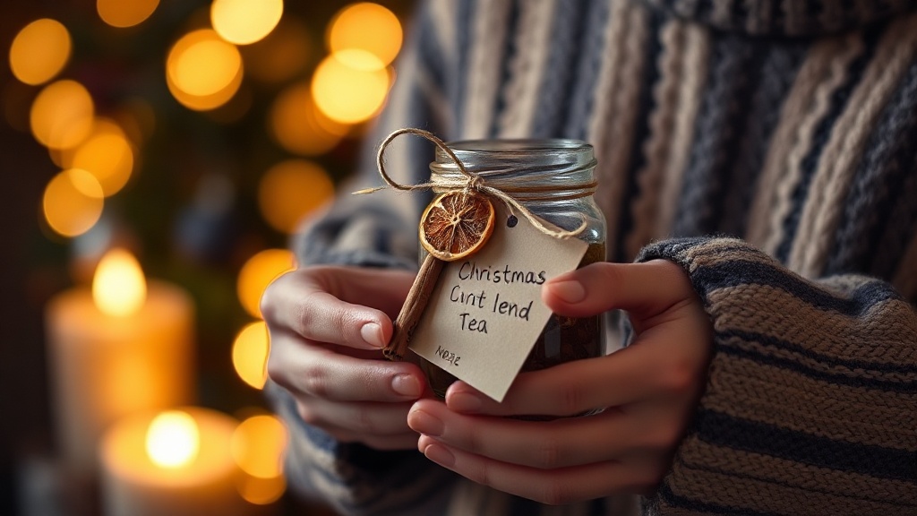 Bocal de thé de Noël maison emballé avec une étiquette kraft et une tranche d'orange séchée en décoration