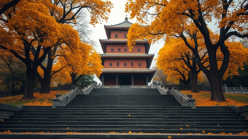 Pagode de style Liao en briques grises entourée d'arbres aux feuilles dorées en automne, Liaoning, Chine