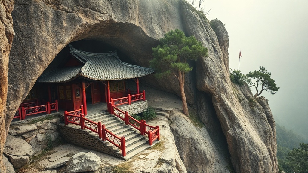 Temple bouddhiste accroché à une falaise rocheuse dans les montagnes du Liaoning, escaliers taillés dans la roche