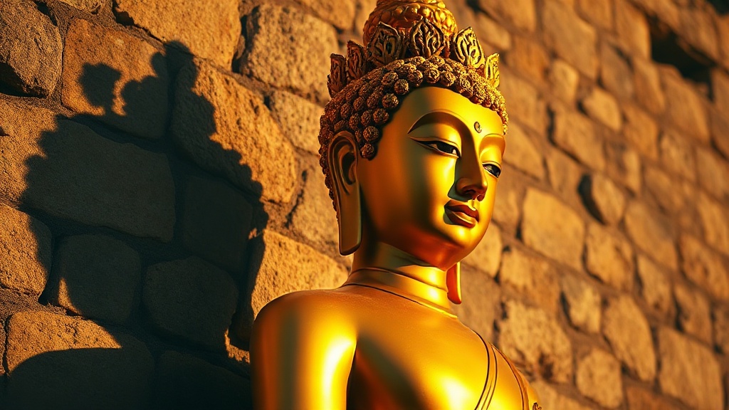Tall gilded standing Maitreya statue with ornate crown in Central Asian Buddhist style