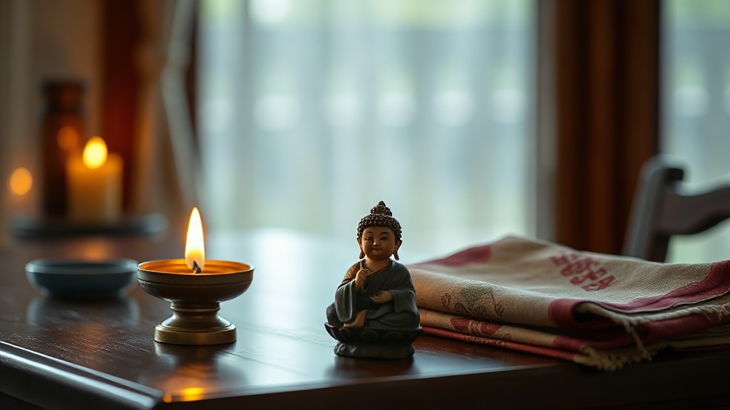 Tibetan bodhisattva figurine with five-pointed crown on a home altar beside a butter lamp and kata scarf