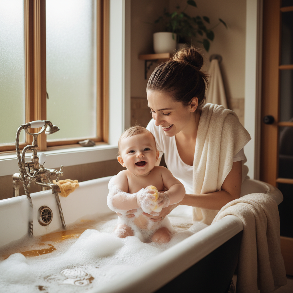 Anne bebeğine banyo yaptırıyor