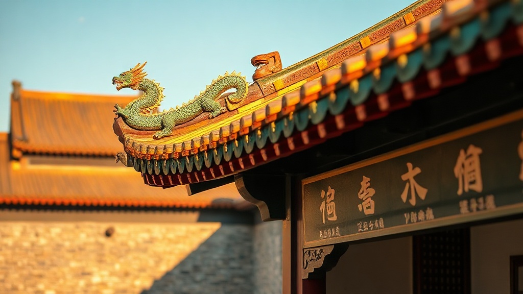 Détail de toiture ornée d'un temple bouddhiste Chan dans le Liaoning, Chine du Nord-Est