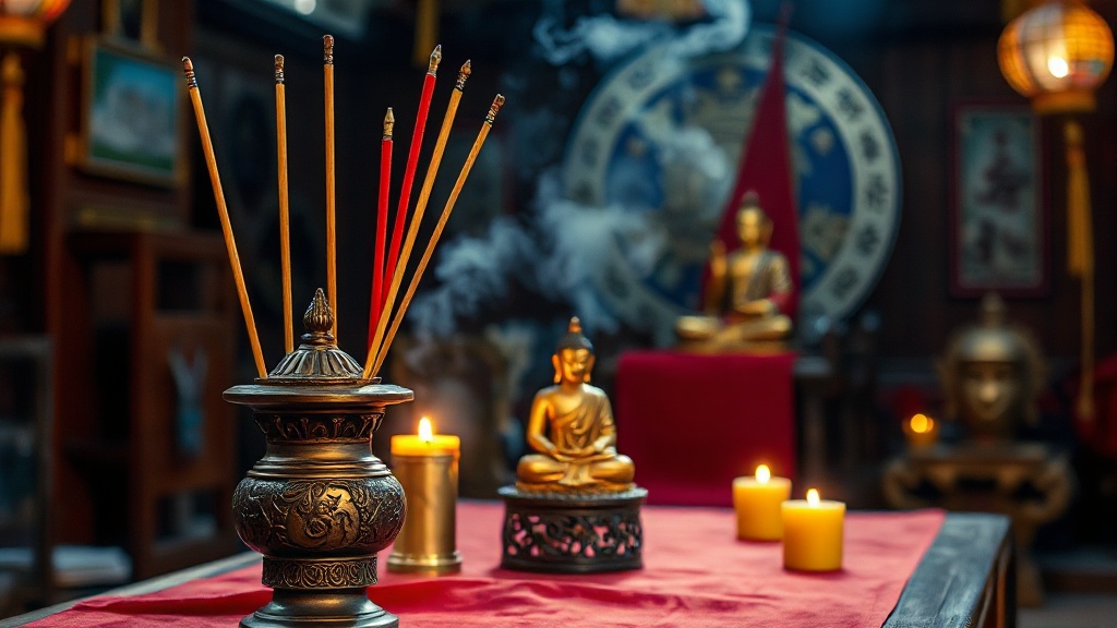 Autel bouddhiste avec brûleur d'encens en bronze et statue dorée dans un temple Chan chinois