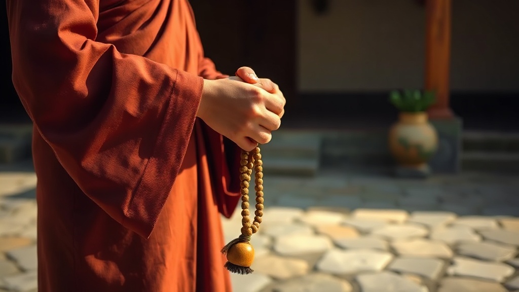 Mains de pèlerin tenant un chapelet mala en bois dans la cour d'un temple bouddhiste chinois