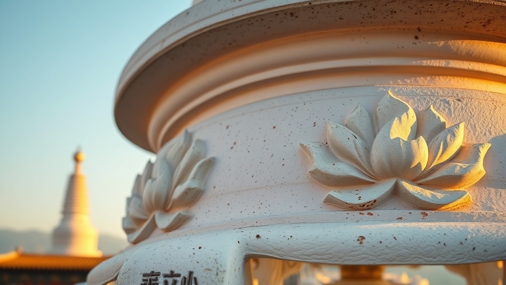 Détail de la base en pierre d'un chorten bouddhiste au Liaoning, avec motifs de lotus sculptés