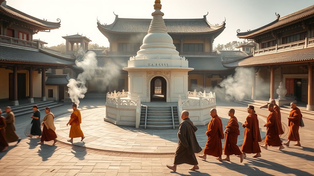 Pèlerins effectuant la circumambulation autour d'un chorten dans un temple bouddhiste du Liaoning