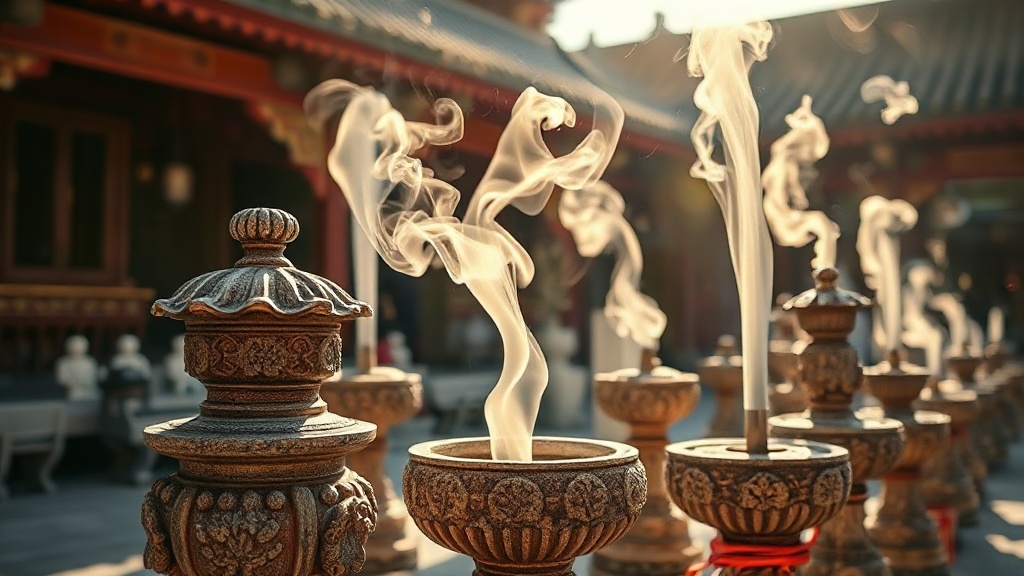 Brûle-encens en pierre dans la cour intérieure d'un temple bouddhiste chinois à Macao