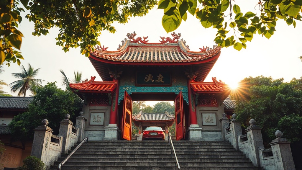 Portail d'entrée du temple de Kun Iam Tong avec ses ornements céramiques sur la toiture