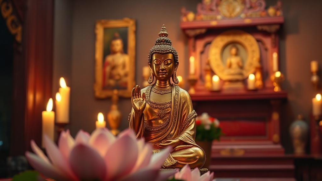 Statue dorée de Guanyin sur un autel laqué rouge dans un temple bouddhiste de Macao