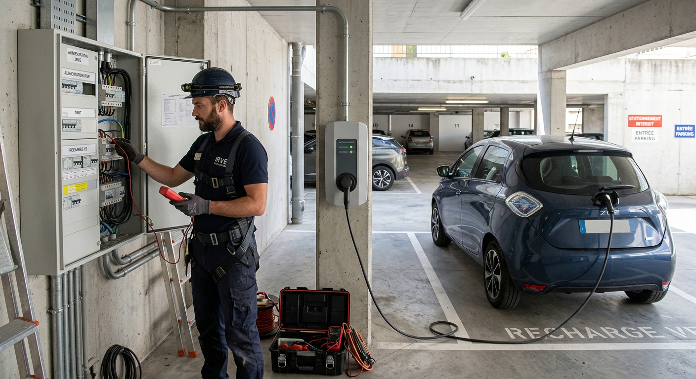 Installateur IRVE vérifiant un tableau électrique près d'une borne de recharge électrique en fonctionnement dans un parking de copropriété