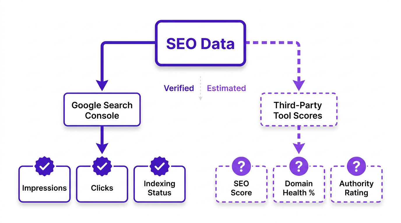Flowchart comparing Google Search Console verified data versus third-party SEO tool proprietary metrics