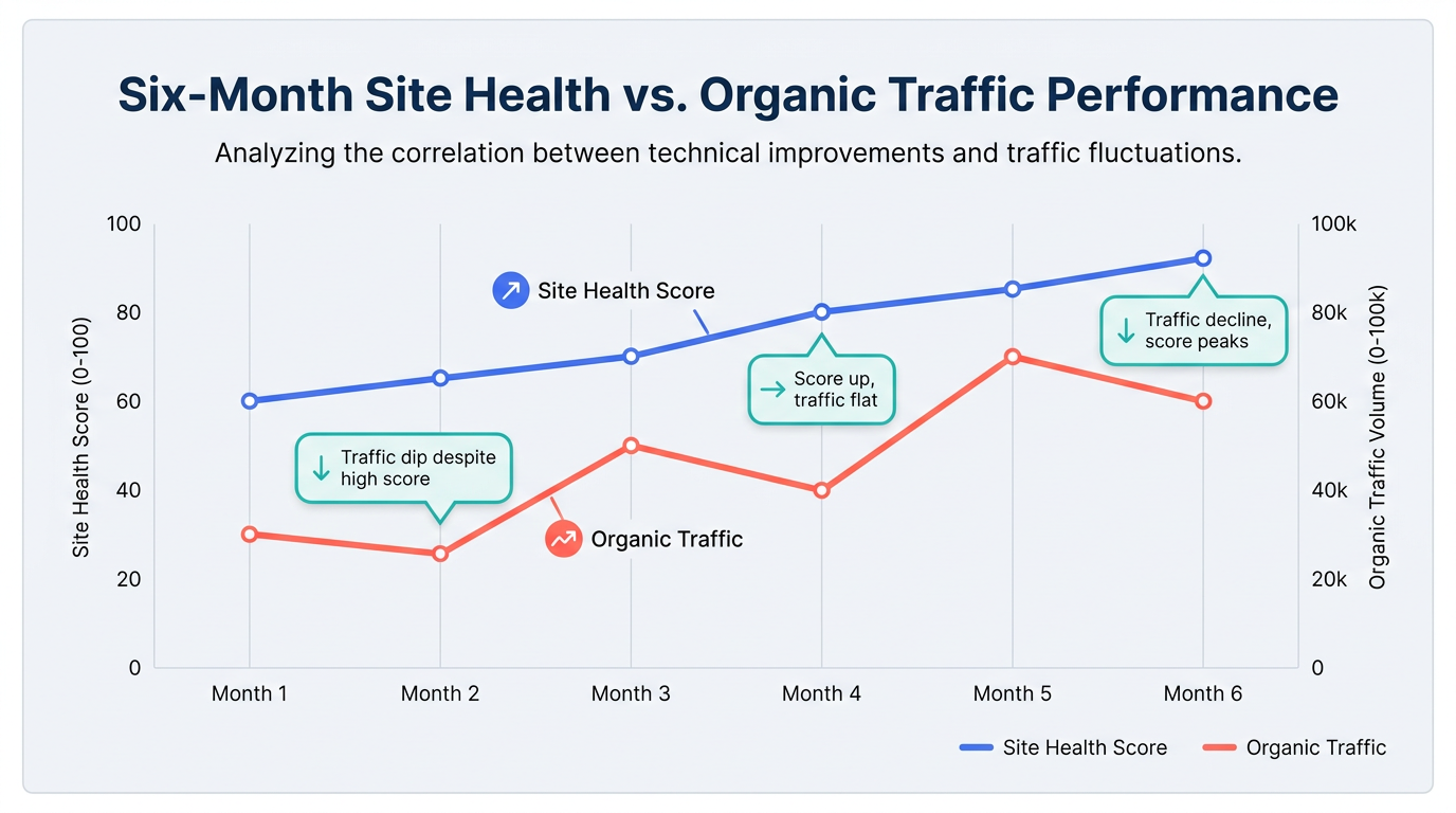 Chart showing divergence between SEO tool health scores and organic traffic over six months
