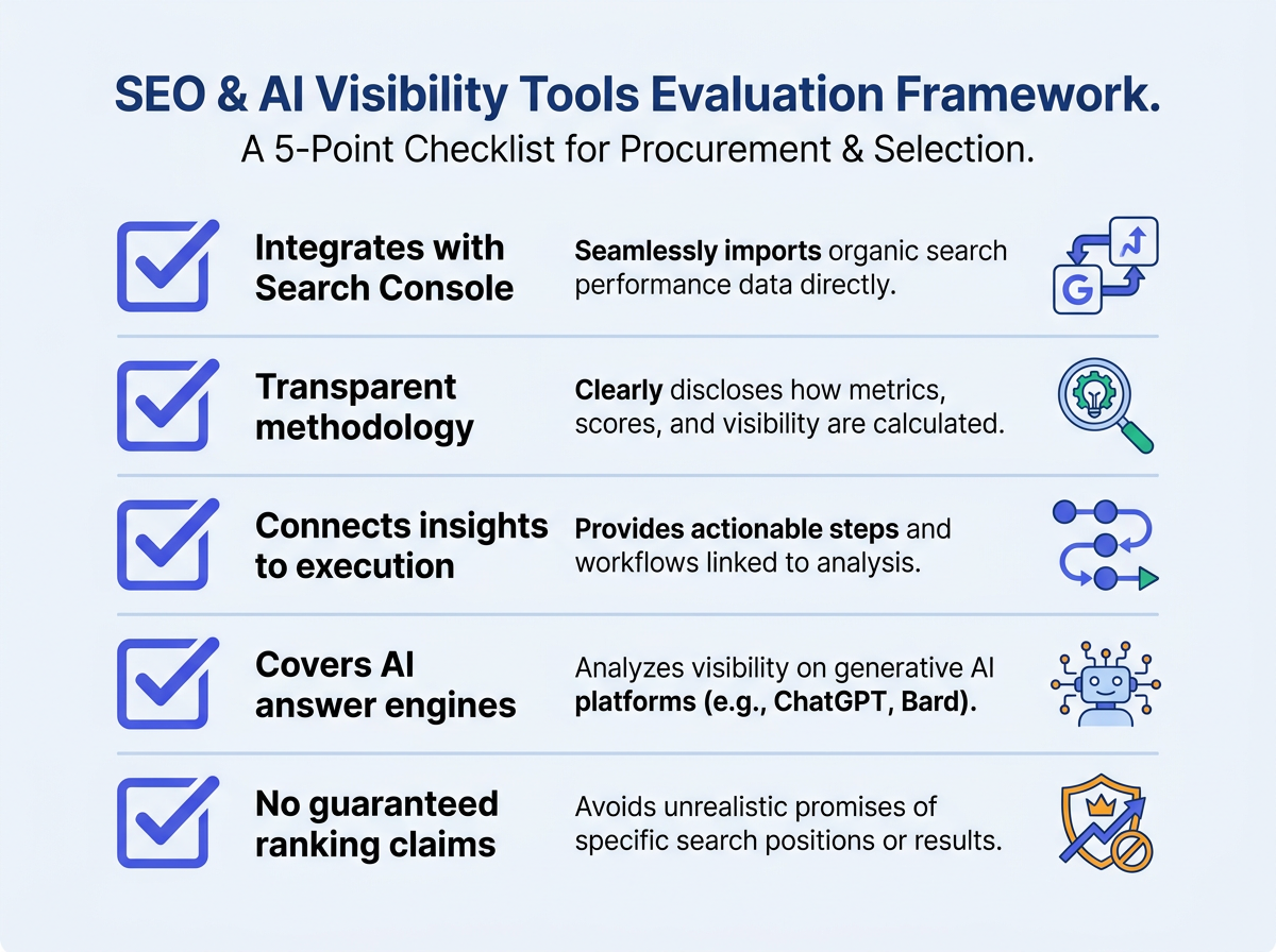 Evaluation checklist for choosing SEO and AI visibility tools based on Google guidance
