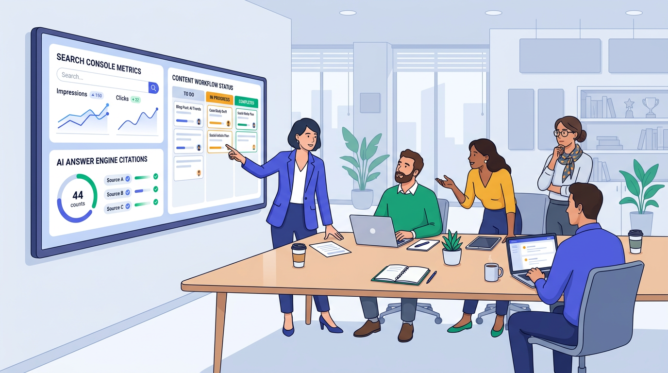 Marketing team reviewing unified SEO and AI visibility dashboard for strategic planning