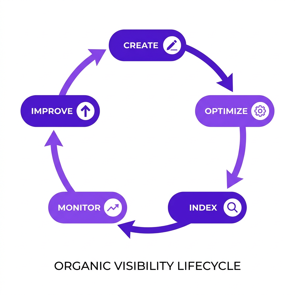 Circular flowchart of organic visibility lifecycle with five connected stages