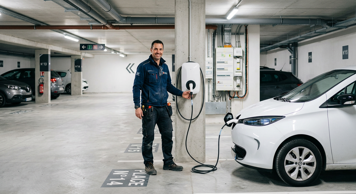 Borne de recharge électrique installée dans un parking en copropriété moderne avec un installateur certifié à côté