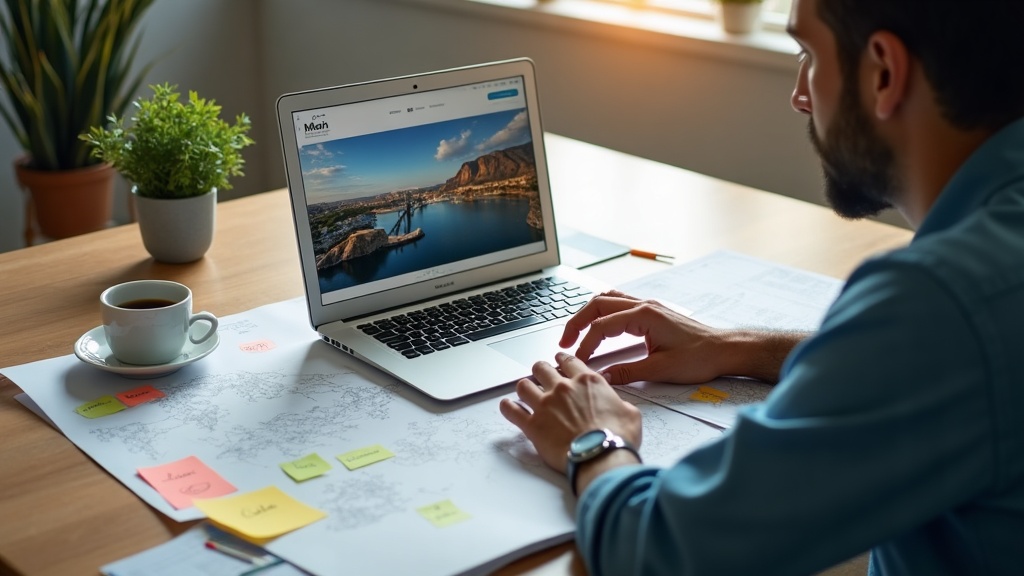 Profissional organizando estrutura de site com páginas para várias cidades em notebook e anotações.