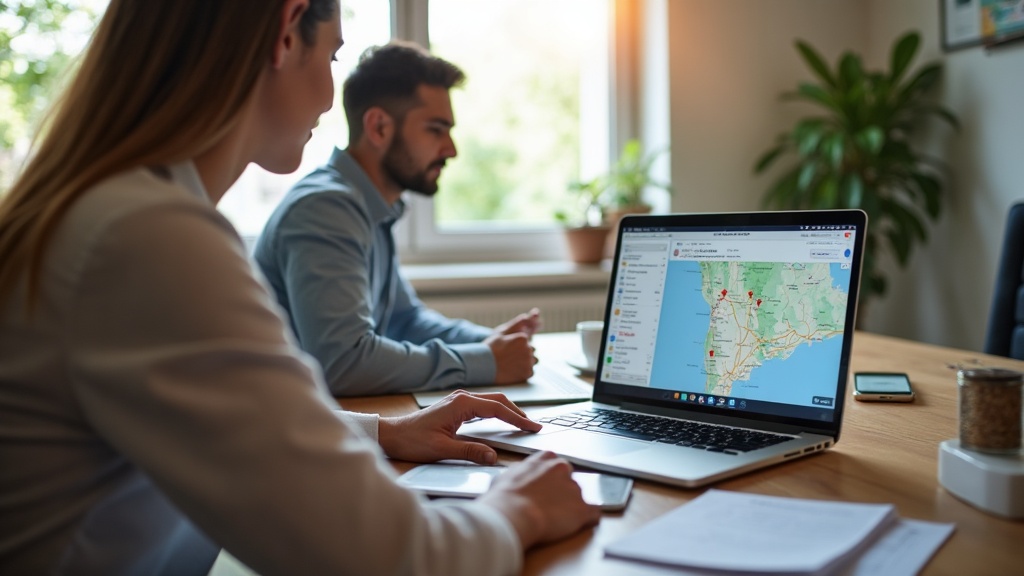 Profissionais brasileiros analisando resultados de SEO local em notebook em escritório iluminado.