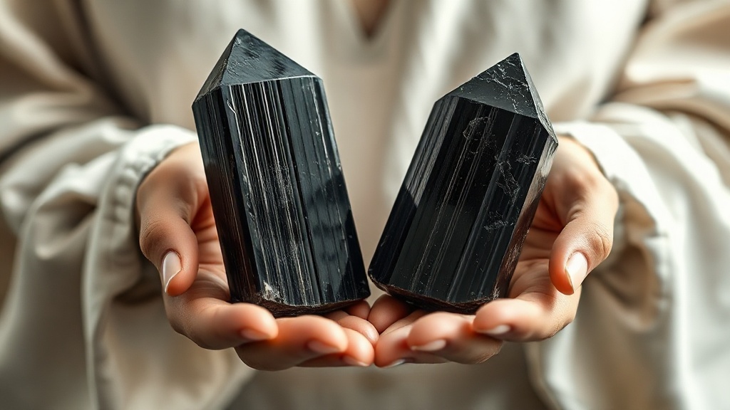 Raw black tourmaline crystal prisms showing natural vertical striations held in open hands