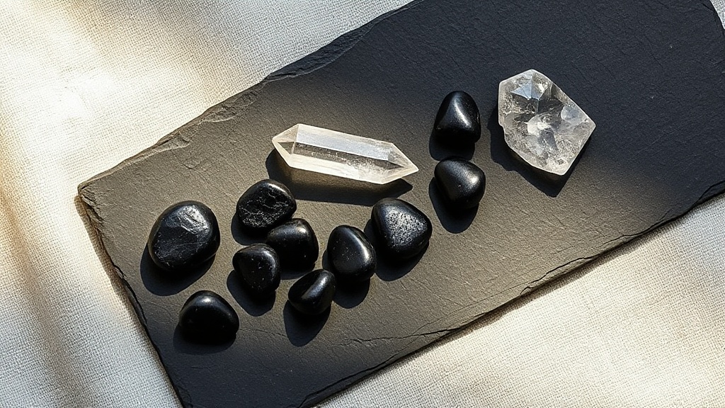 Black tourmaline tumblestones arranged with clear quartz and selenite on a slate surface