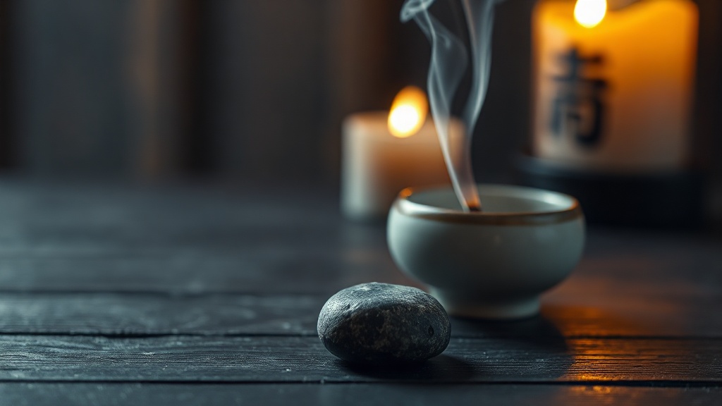 Polished black tourmaline tumblestone placed beside a lit incense holder with rising smoke