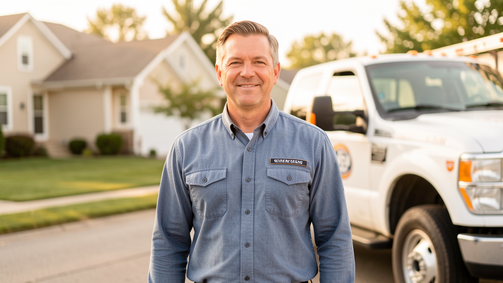 Self-employed tradesperson standing confidently by a work vehicle in a Midwest neighborhood, representing income protection for independent workers