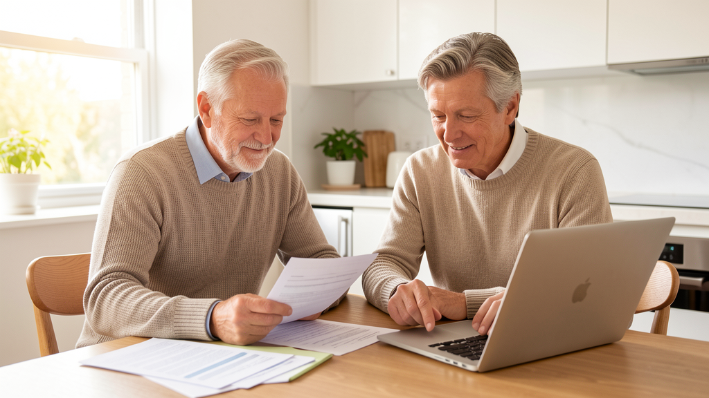 Active couple in their early 60s reviewing retirement and health insurance documents together at a kitchen table, natural light, calm and confident expressions
