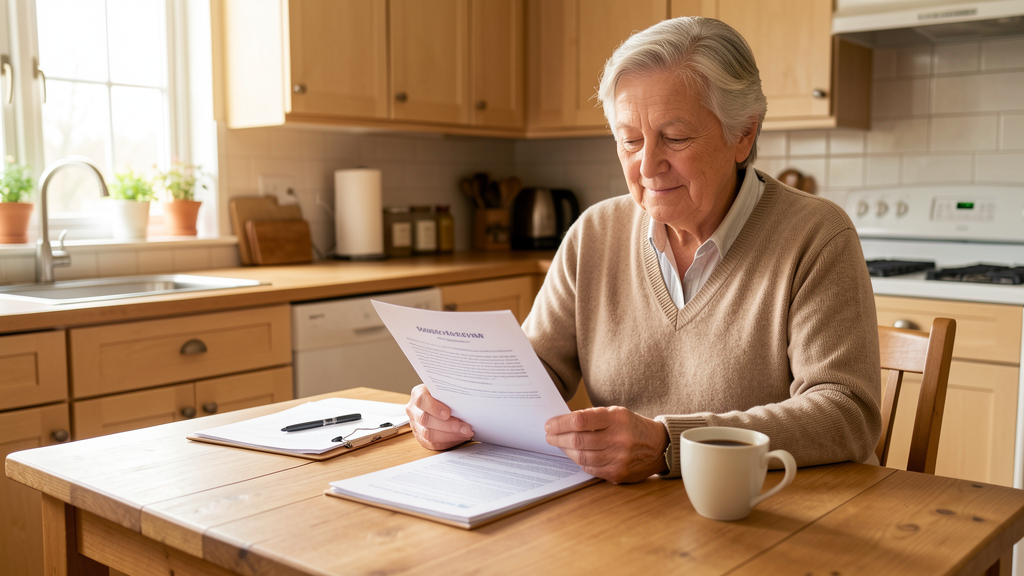 Older adult calmly reviewing Medicare documents at a kitchen table with warm natural light, conveying preparedness and confidence