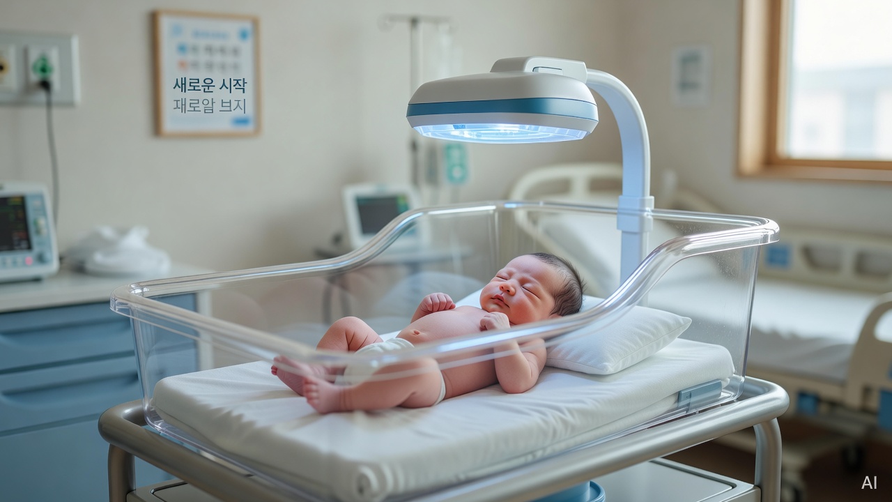 newborn baby lying in hospital bassinet under phototherapy blue light lamp