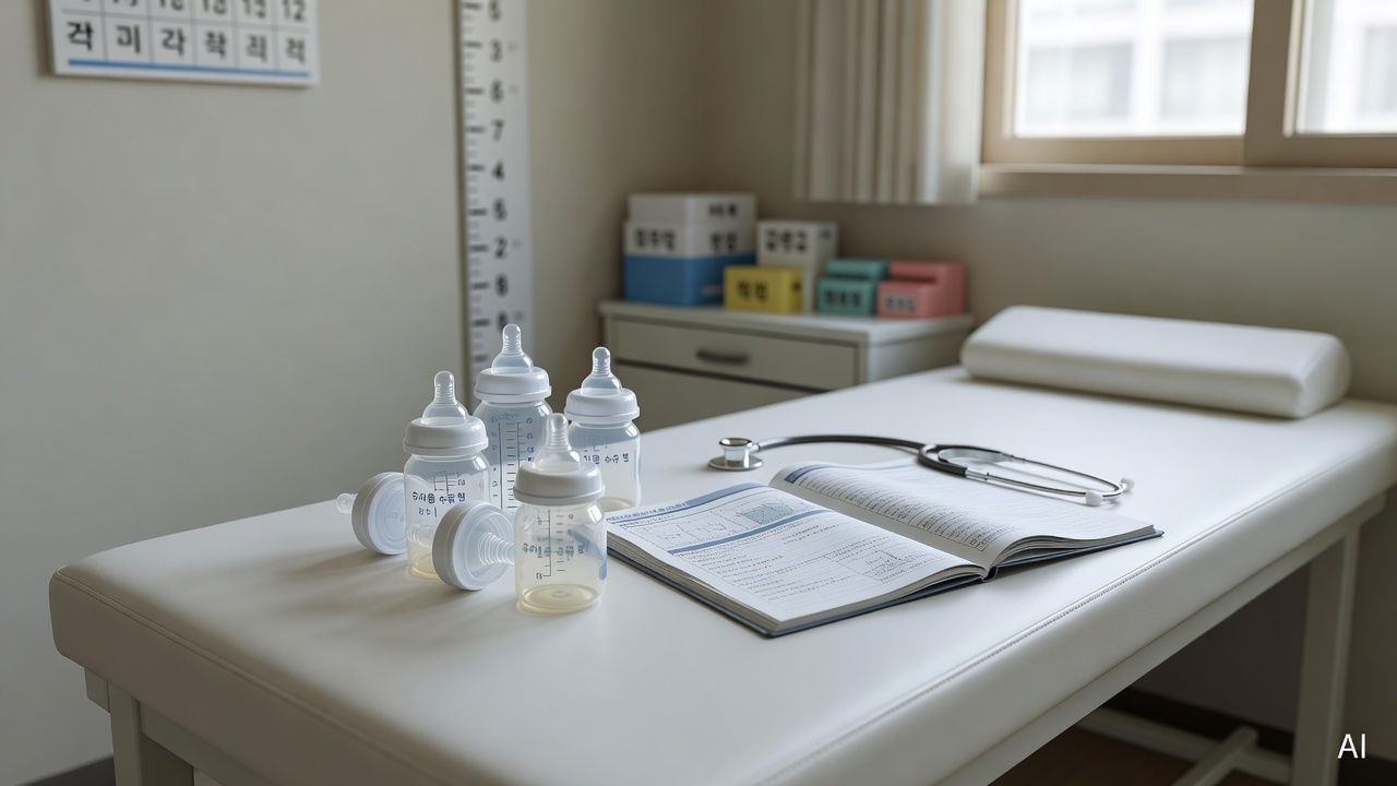 small baby nursing bottles and medical chart on clinic examination table