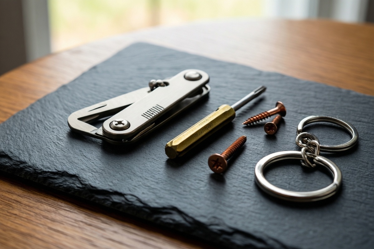 Titanium pocket clip and EDC essentials arranged on dark slate surface