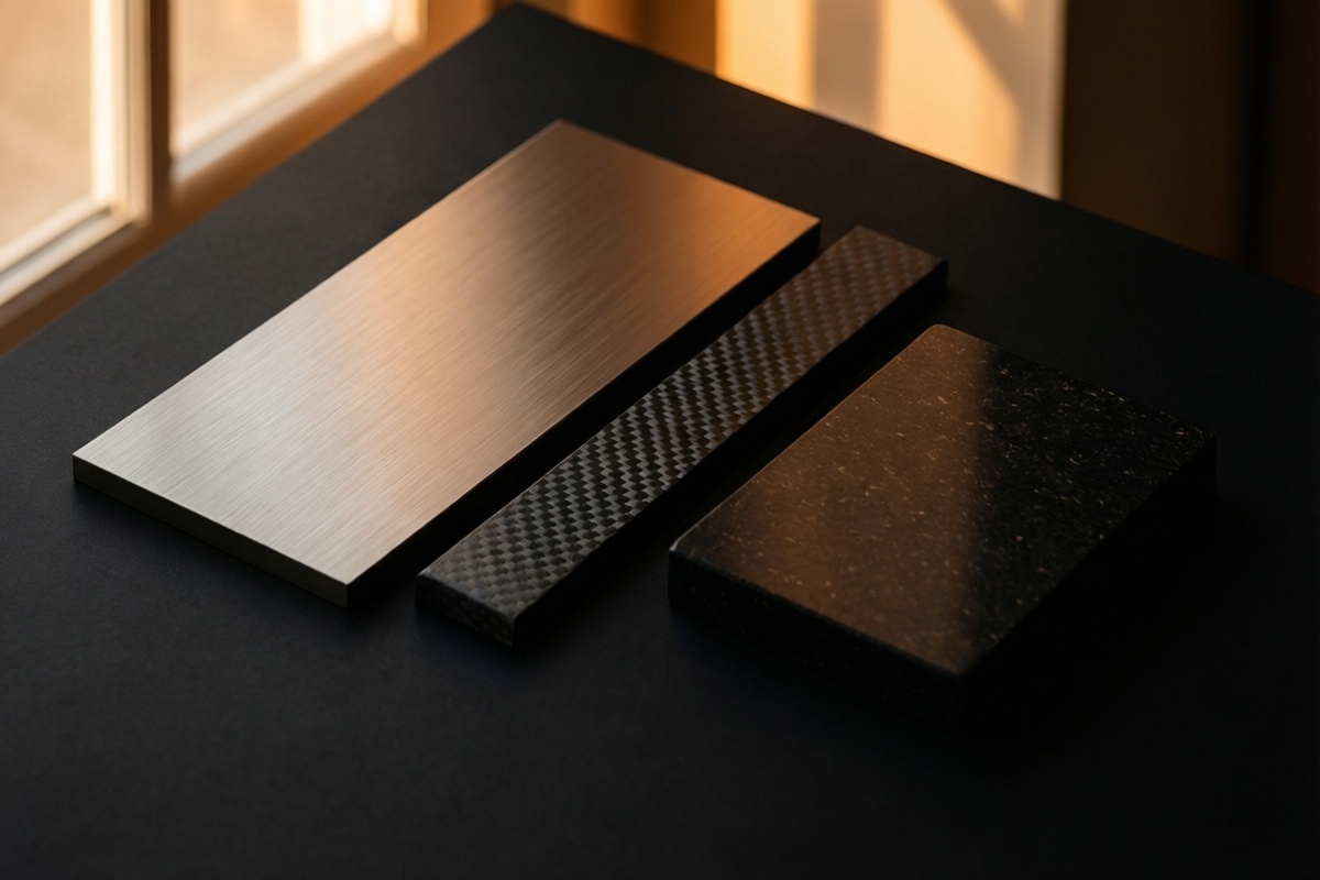 Brushed titanium, carbon fiber, and micarta material samples arranged diagonally on matte black surface