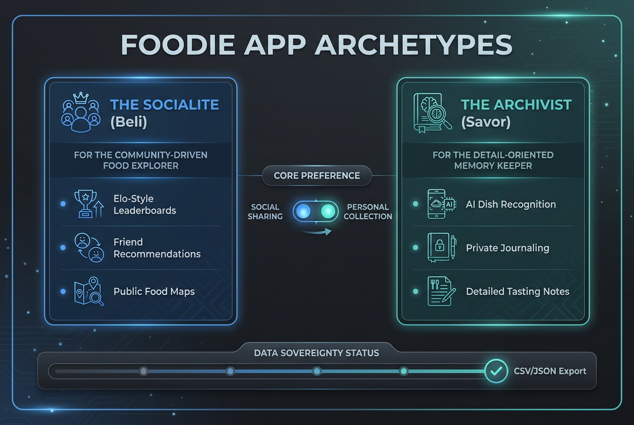 Comparison chart of Beli versus Savor app features, focusing on social ranking versus private AI-powered archiving for foodies.