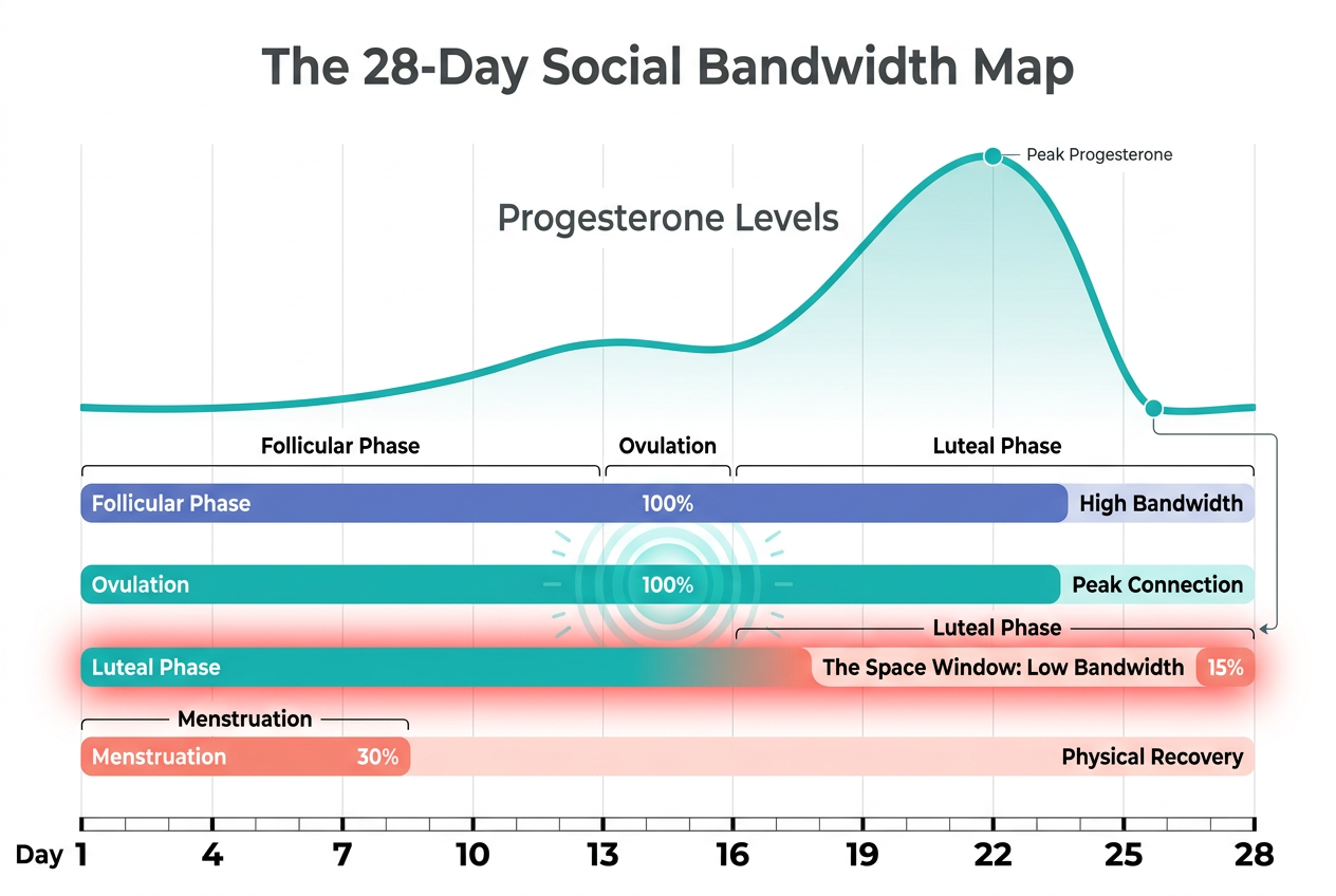 A 28-day cycle infographic showing the Luteal Phase space window, progesterone levels crashing, and social battery dropping from 100% to 15%.