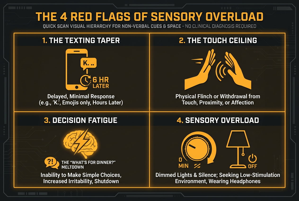 An infographic identifying four signs she needs space: the texting taper, touch ceiling, decision fatigue, and sensory overload indicators.