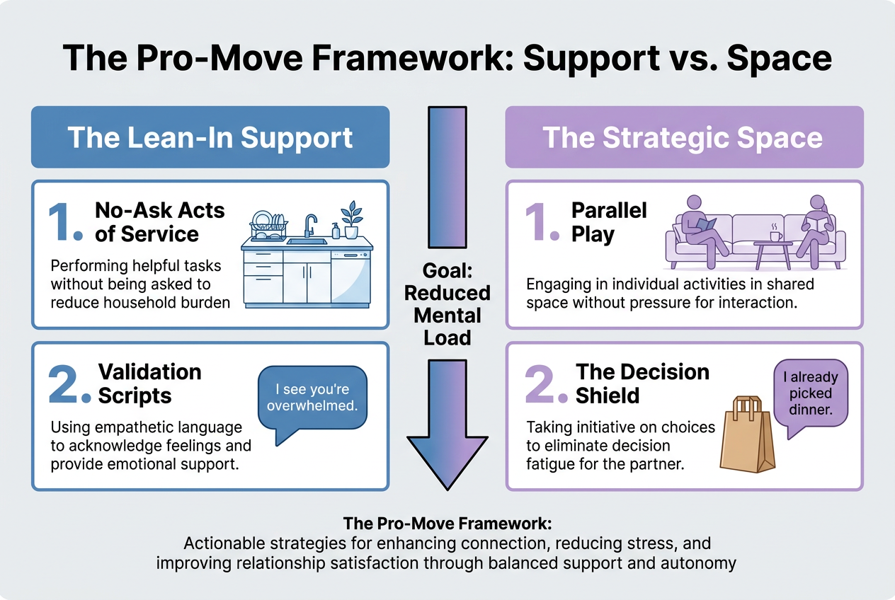 A comparison chart of partner pro-moves like parallel play, no-ask acts of service, and validation scripts to reduce a partner's mental load.