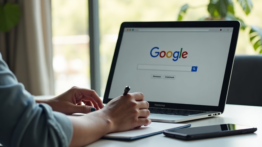 Dono de pequeno negócio pesquisando temas de blog no Google e anotando ideias em um caderno.