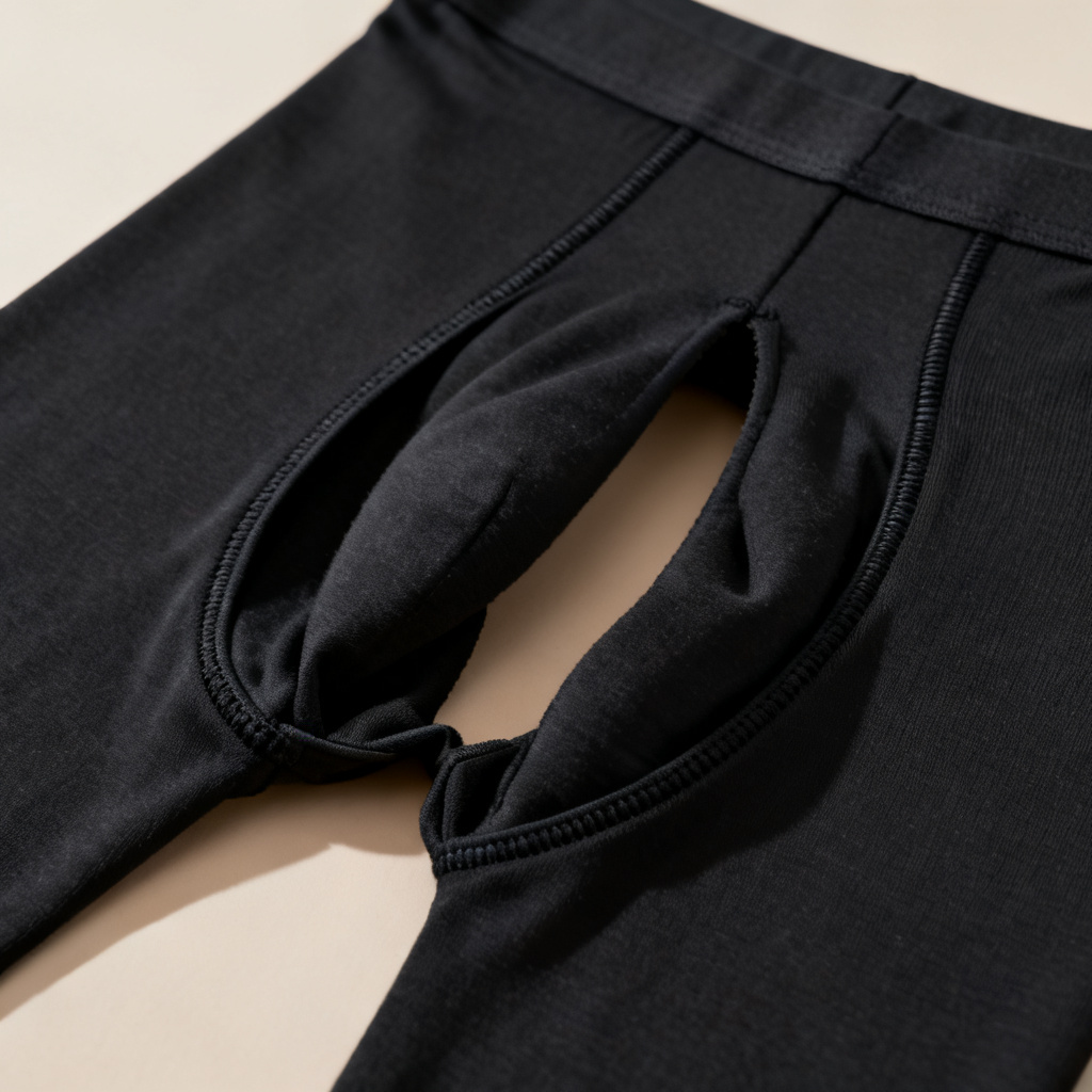 Open gusset with overlapping flaps and flatlock seams