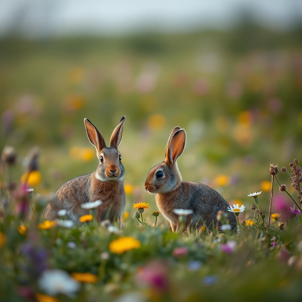 A pair of rabbits in a wildflower meadow at first light