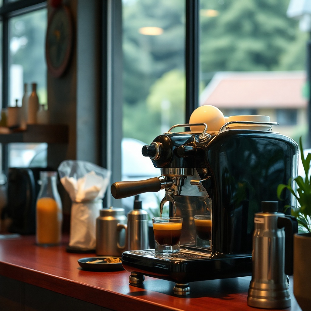 A vintage espresso machine pulling a slow shot in a window-lit cafe