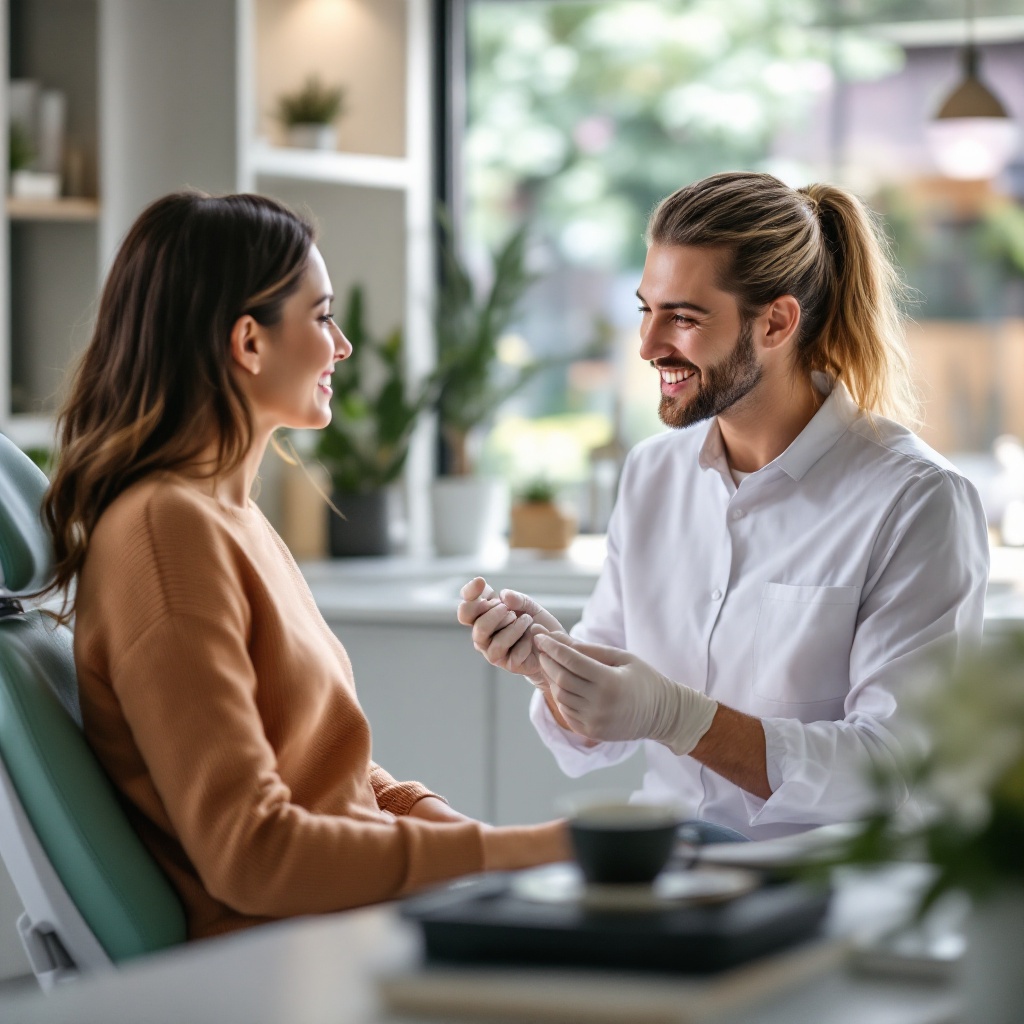 Dentist in Brisbane CBD discussing safe teeth whitening for sensitive teeth with a patient