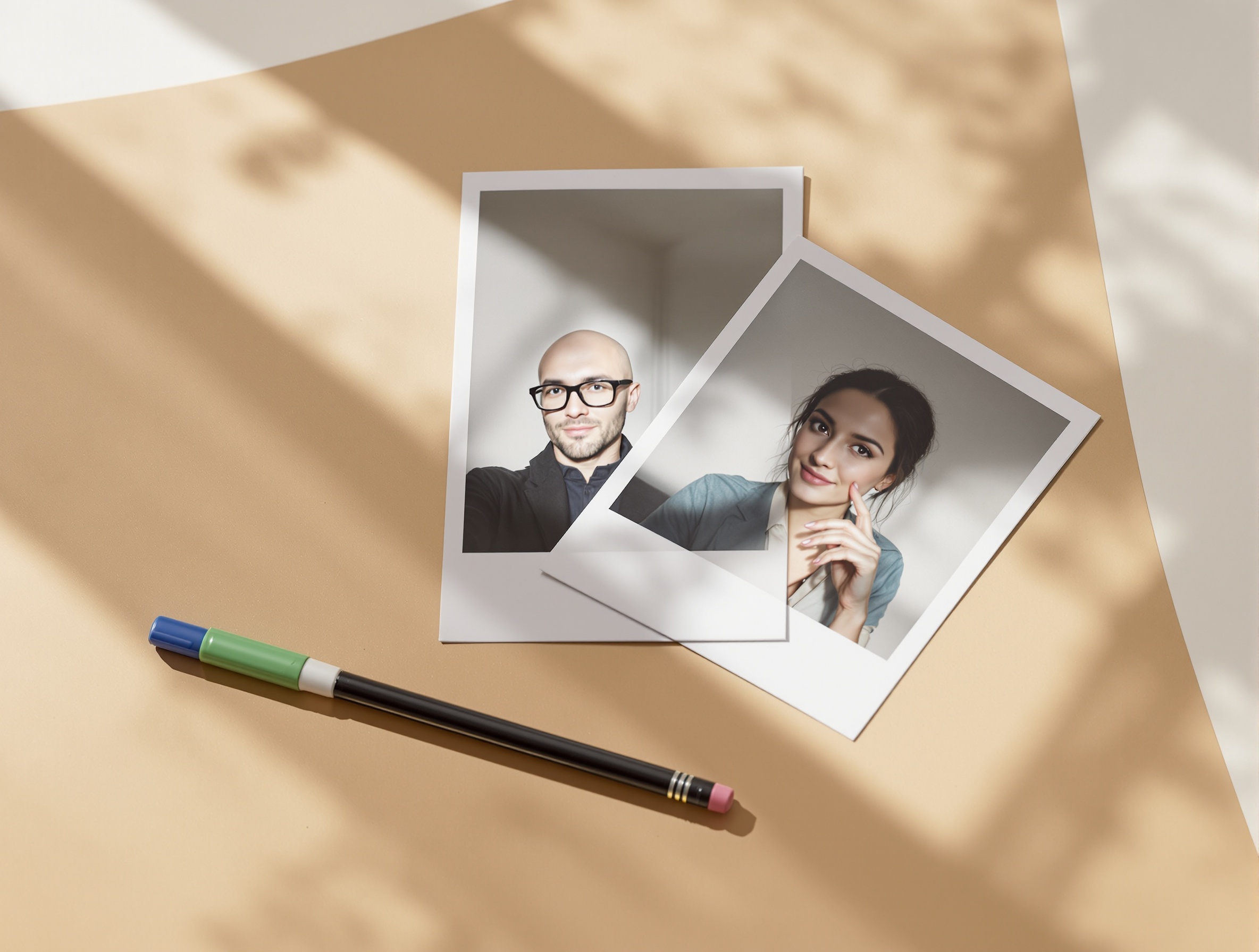 Printed selfie set in varied lighting arranged on a warm paper desk with a green tab marker.