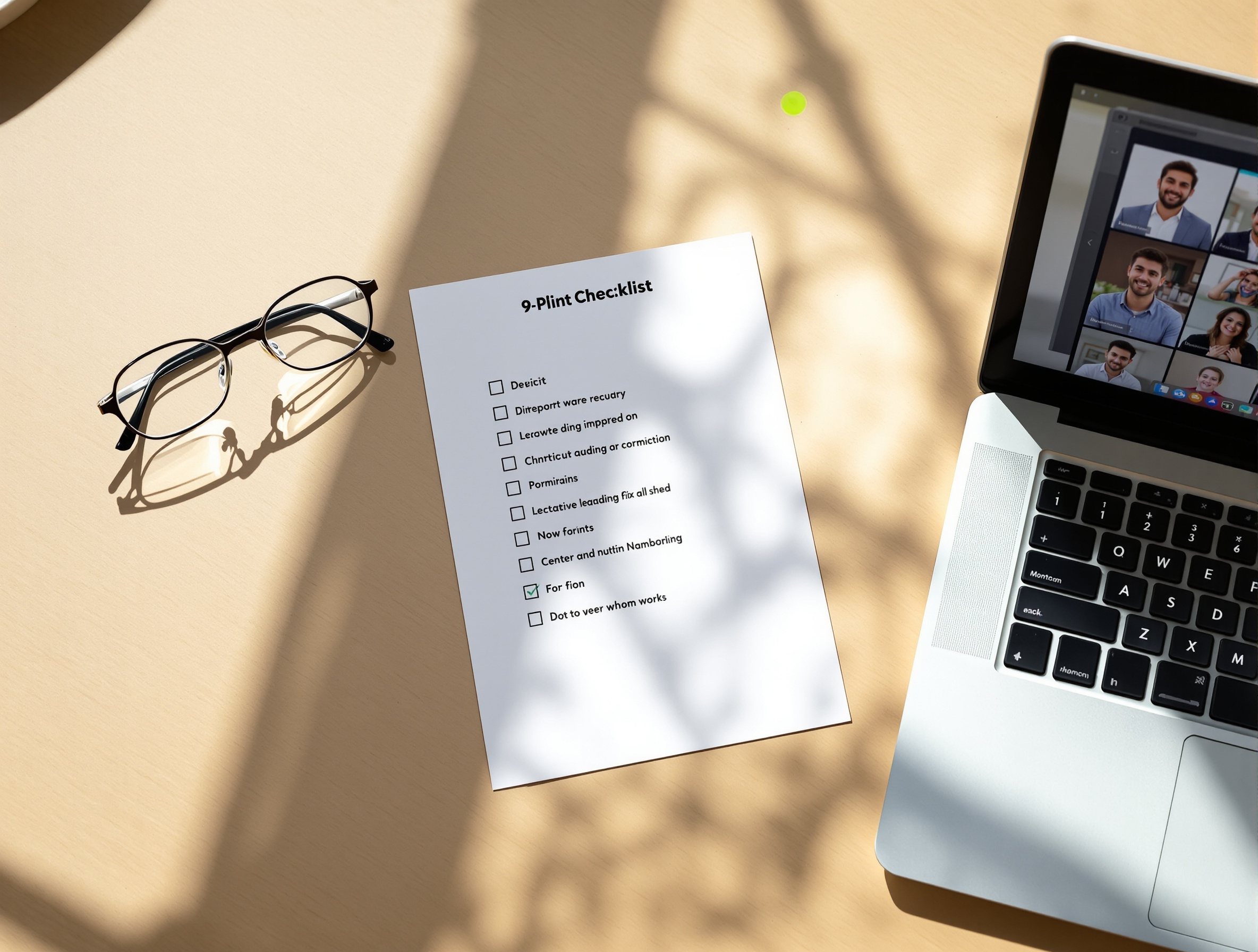 A printed 9-point checklist beside a laptop grid of headshots on a warm paper desk.