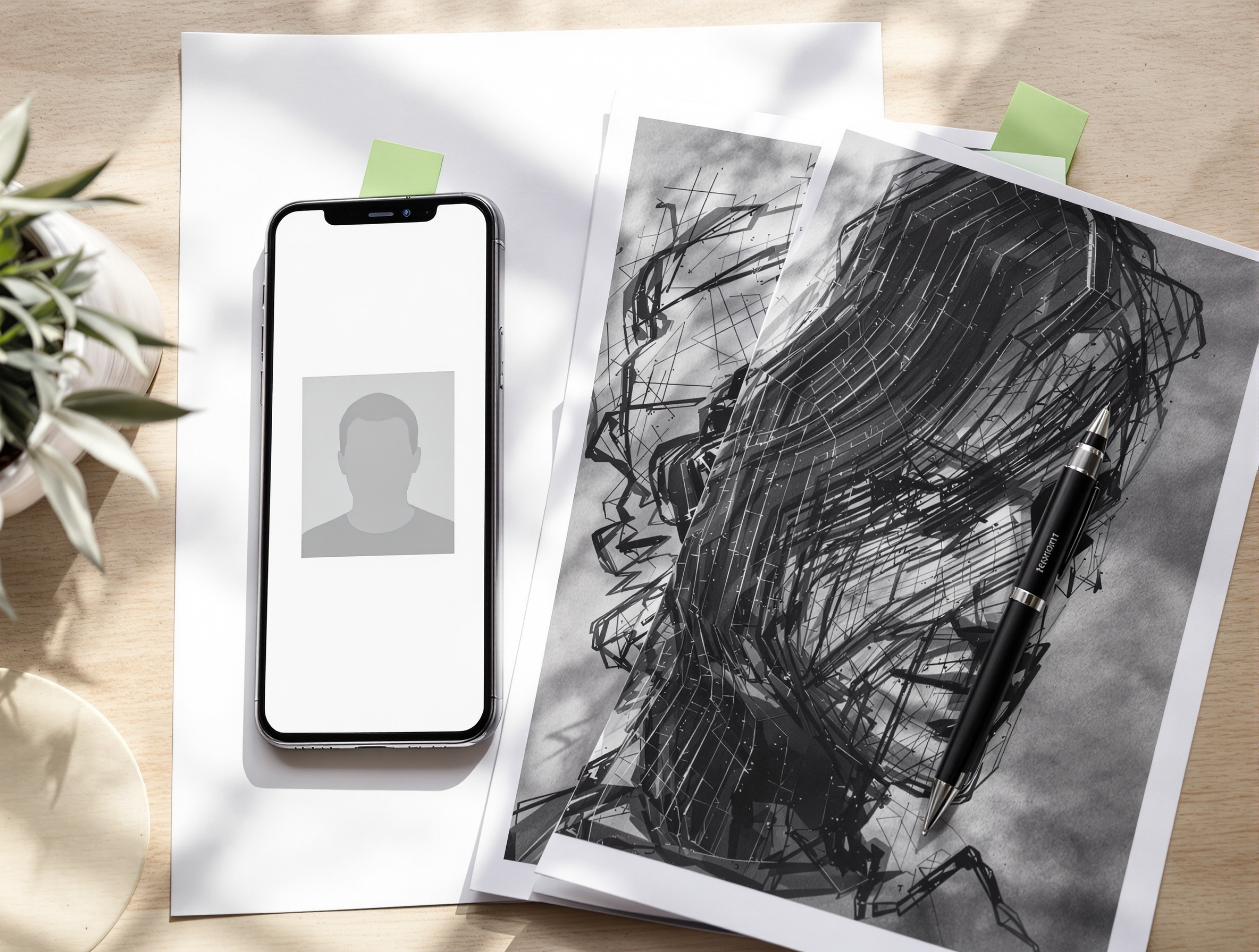 Printed sample headshots next to a phone showing a square crop overlay on a calm paper desk.