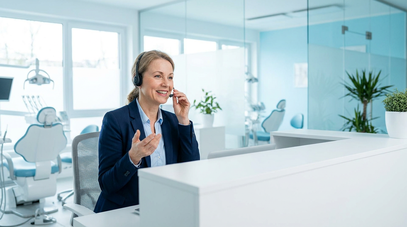 Vriendelijke baliemedewerker met headset beantwoordt de telefoon aan de balie van een moderne tandartspraktijk