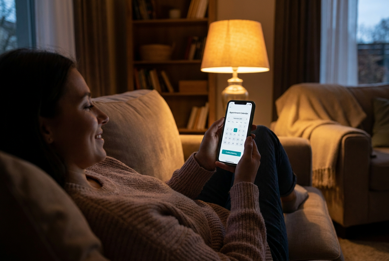 Ontspannen patiënt maakt thuis in de avond een afspraak bij de tandarts via de smartphone