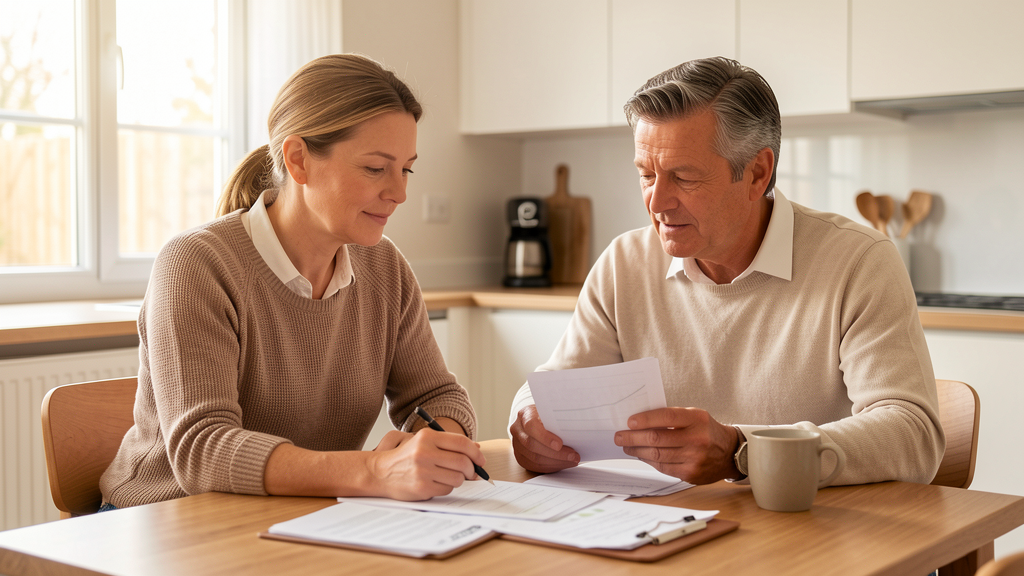 Couple reviewing financial documents together at home, conveying peace of mind and the security that living benefits riders provide on term life insurance.